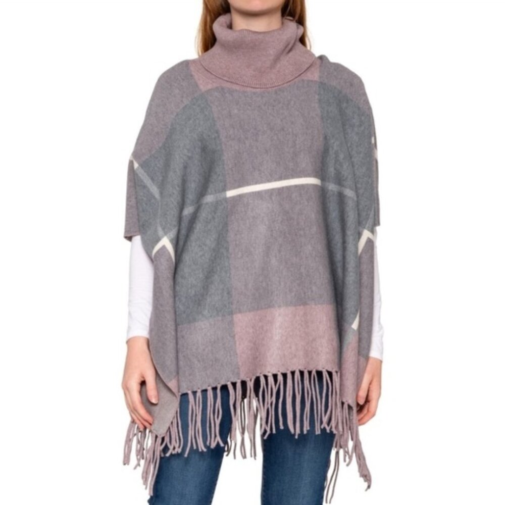 (NWOT) House of Harlow 1960 - Women's Lavender Plaid Turtleneck Fringed Poncho